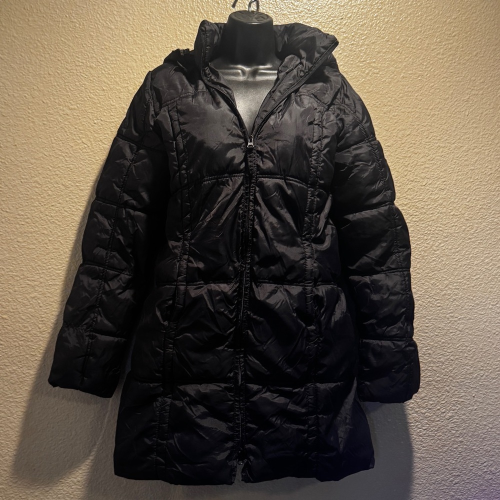 H&M Down Leather Puffer Jacket Long Womens XSmall Black Full Zip Coat Outdoors